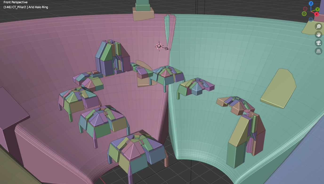 Modular pyramid structures and outer ring blocked out in Blender